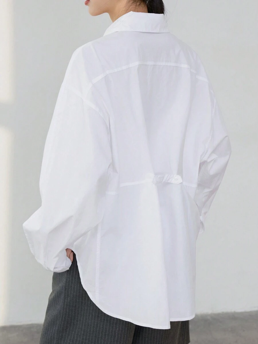 Dazy-Less Casual & Business Loose Solid Color Design Back Button Long Sleeve Blouse For Women