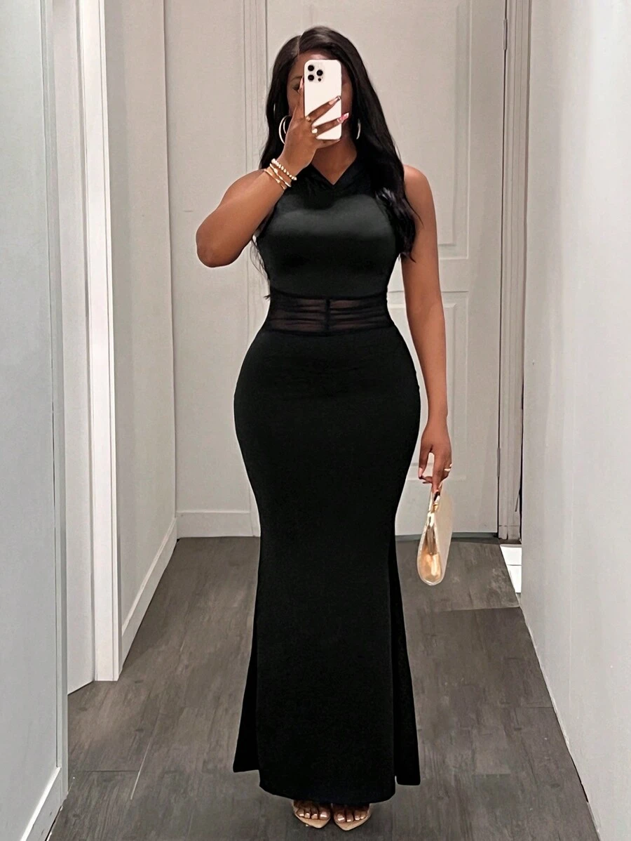 BamGleam Vestido largo y ceñido de mujer sin mangas, con costura de cintura en negro, malla transparente y sexy