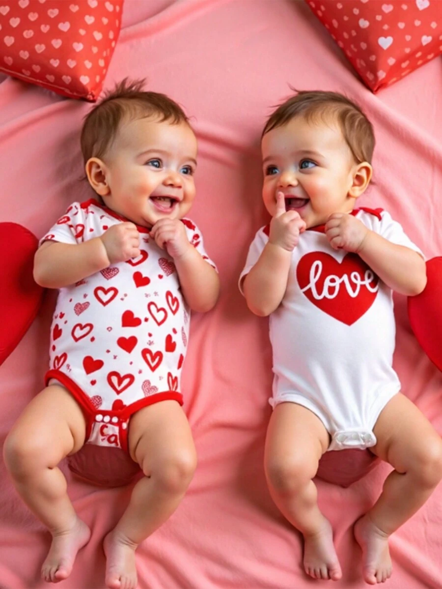 SHEIN 2pcs/Set Baby Boys Cute Heart Print Bodysuit, Spring/Summer For Valentine's Day