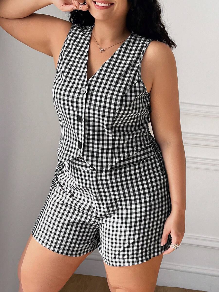 SHEIN EZwear Conjunto de 2 piezas de primavera/verano para mujer de talla grande: Chaleco sin mangas con estampado de cuadros + Shorts de traje casual