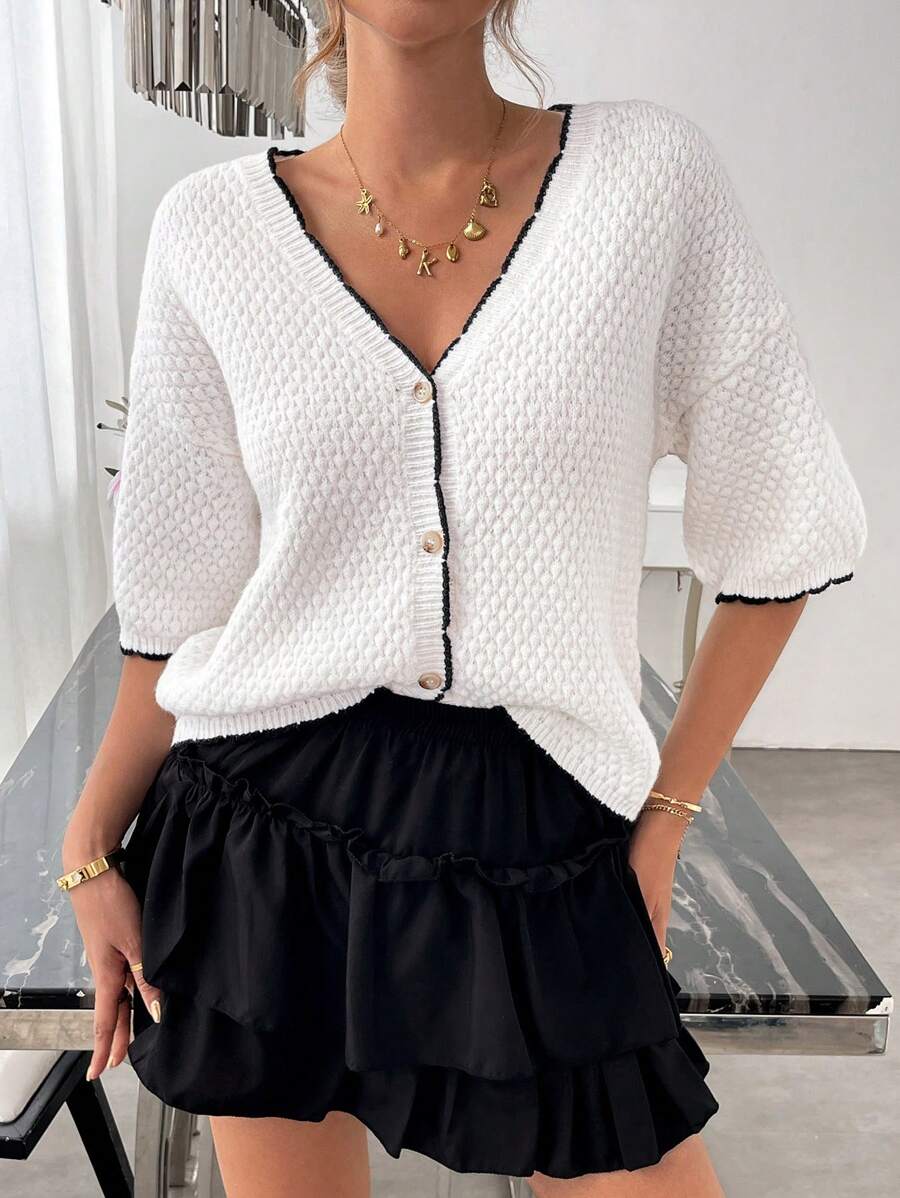 SHEIN LUNE New Fashion Elegant Lady Knit Cardigan, Hollow Out Lightweight Black & White Patchwork Old Money Style Women