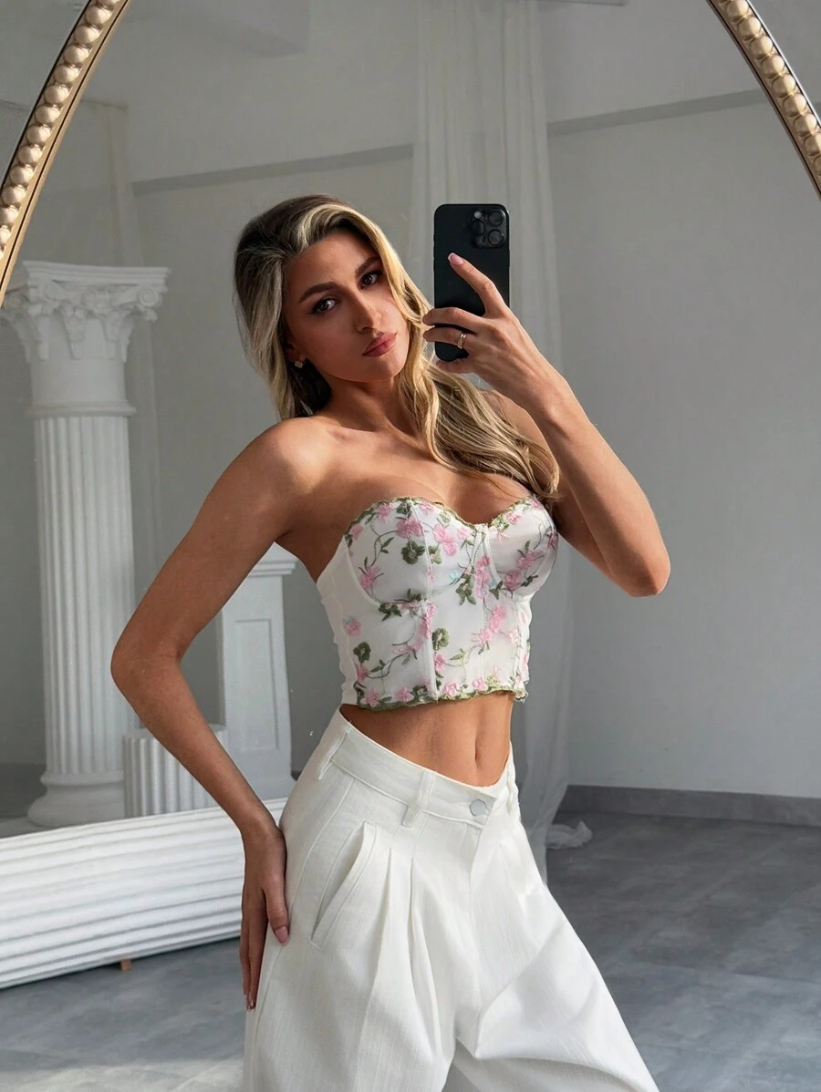 Aloruh Women Elegant Romantic Fashion 3D Floral Embroidery Mesh Bodycon Tank Top