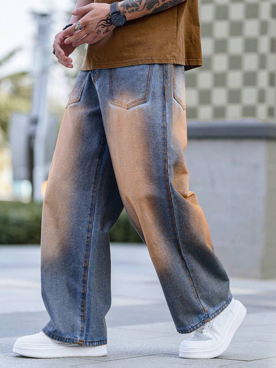 Manfinity EMRG Men's Casual Loose Pocket Design Wide Leg Jeans, Everyday Wear