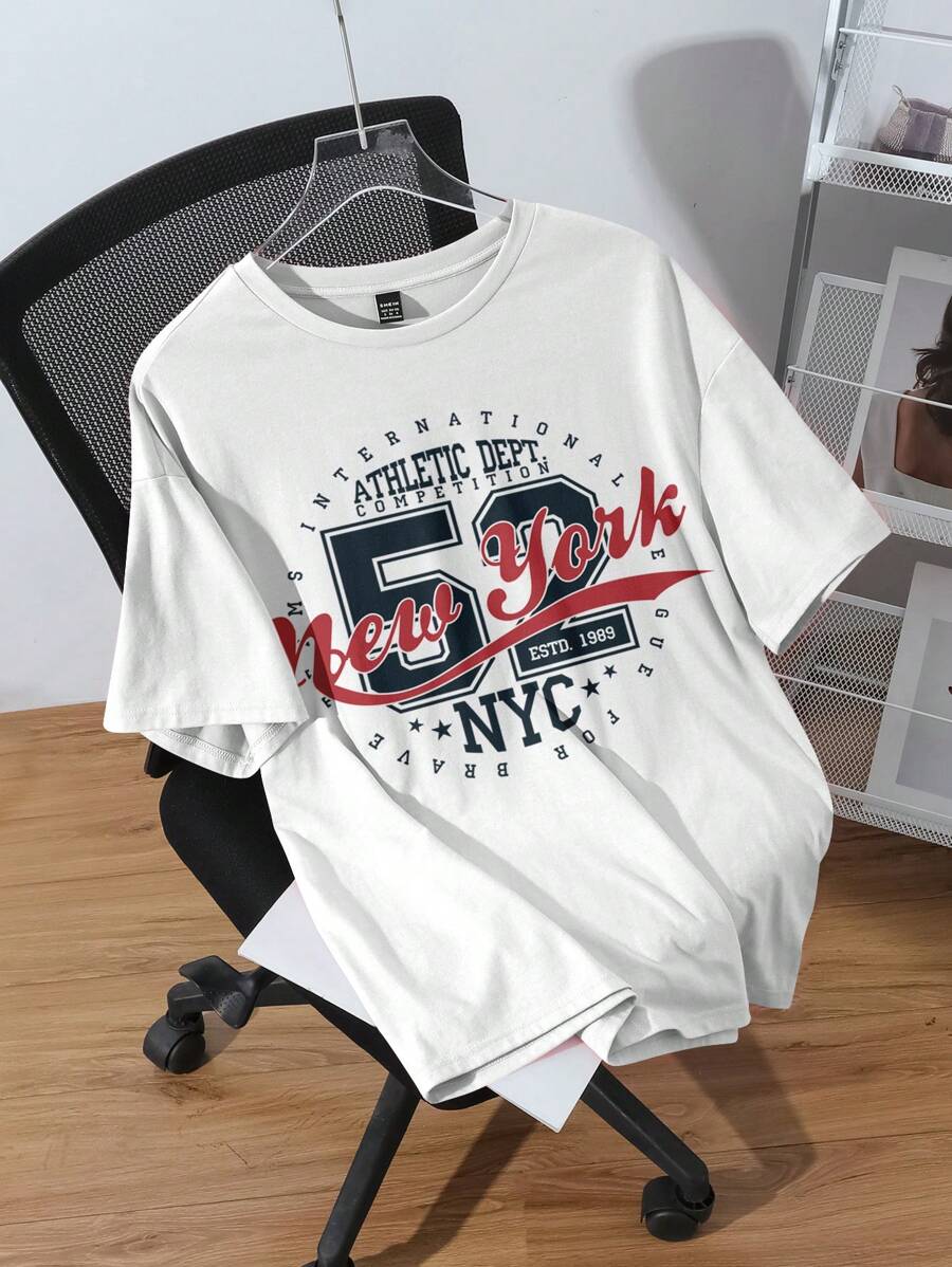 SHEIN EZwear Plus Size Women's Casual American Retro Collegiate Style 52 Number And Letter Print Short Sleeve Crew Neck T-Shirt, Suitable For Spring And Summer