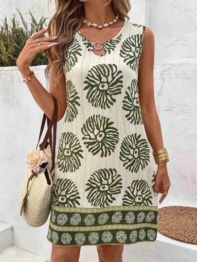 SHEIN LUNE Women's U-Neck Metal Ring Decor A-Line Hem Retro Print Casual Vacation Sleeveless Dress Beach Outfits For Woman Spring Break Outfits Boho Sage Green Dress Sundresses For Vacation,Summer Dresses For Women