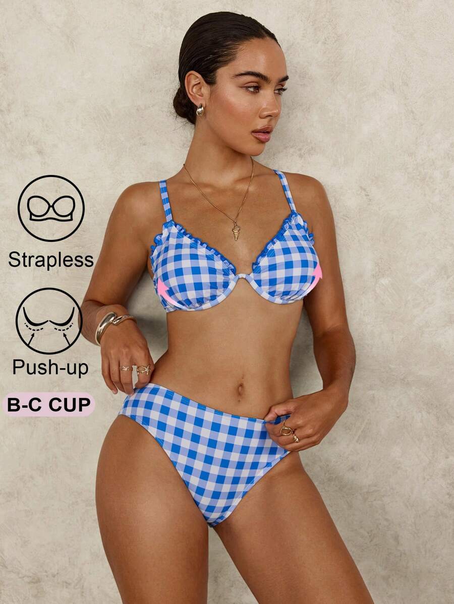 SHEIN Swim Push-Up Gingham Texture Bikini Set, Sweet Style Swimwear, For Summer Beach Vacation
