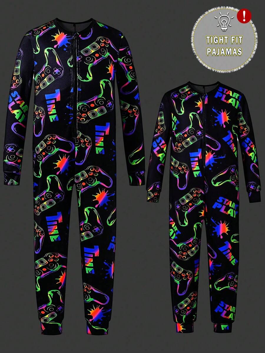 Tween Boy Video Game Fluorescent Graphic Zip Front Long Sleeve Jumpsuit Home Wear, Snug Fit