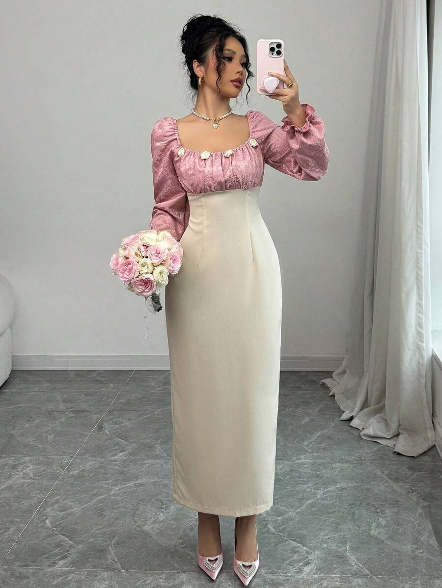 Modelyn Women's Mixed Fabric Jacquard Pink Floral Long Sleeve Bodycon Elegant Dress