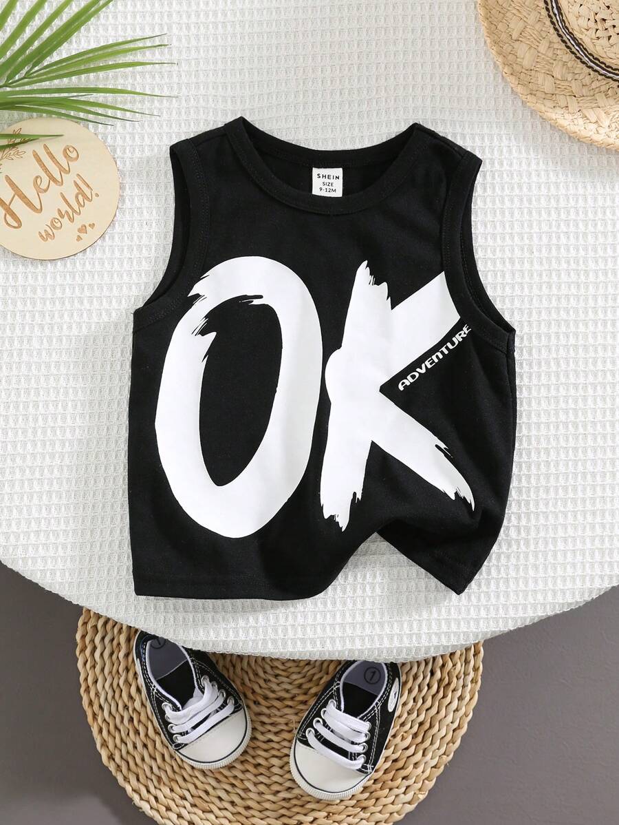 SHEIN Niemowlę Chłopięcy i Dziewczynek Luźny Jednolity Kolor Angielskie Litery Graficzny Bez Rękawów Tank Top, Nadaje Się Do Codziennego Noszenia, Na Zewnątrz, Sport, Sezon Wiosna/Lato