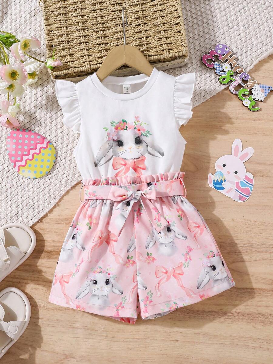 SHEIN Conjunto de top de manga corta de cuello redondo de punto y pantalones cortos con estampado floral menudo para niña joven en Pascua