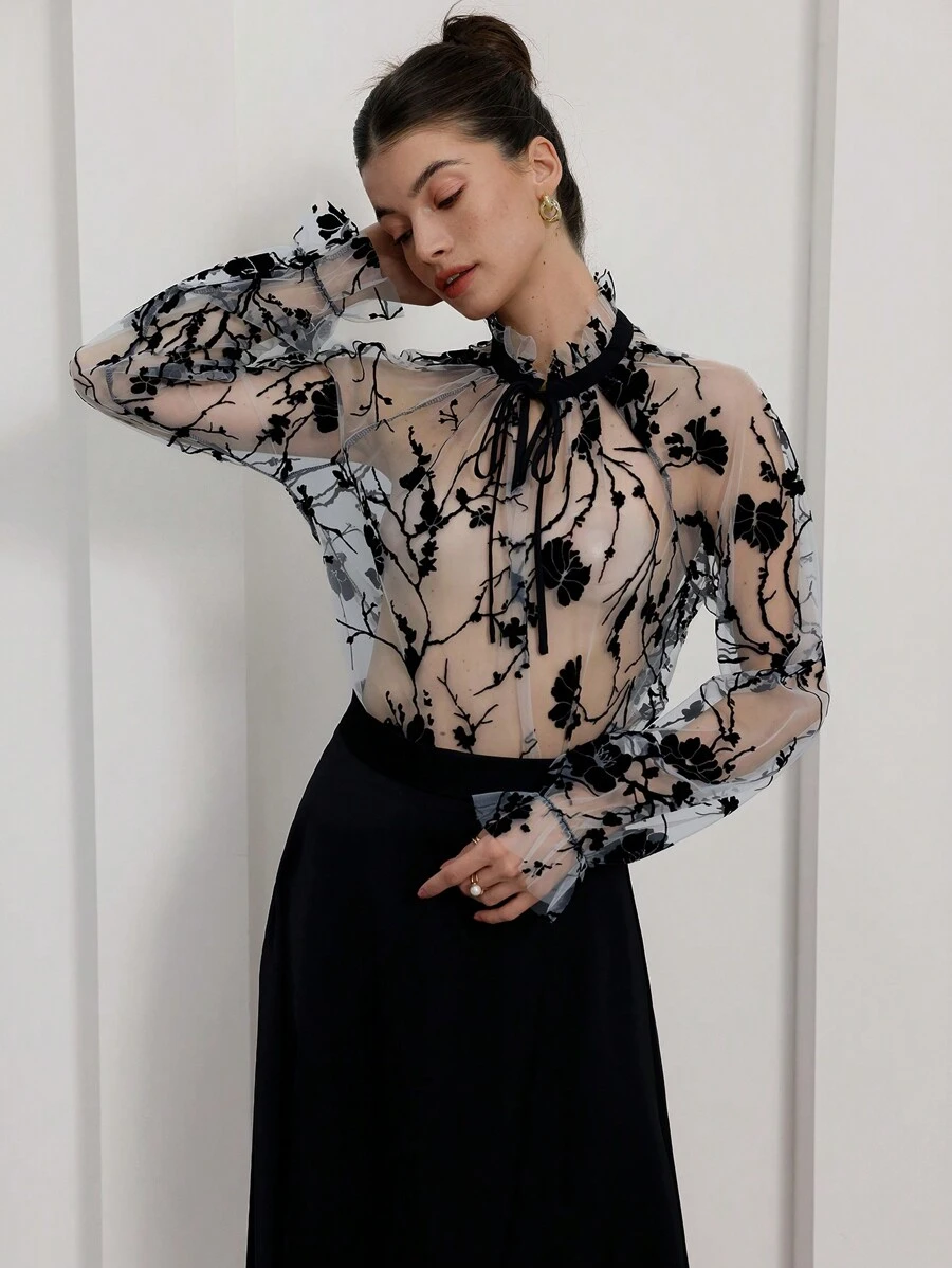 Aveloria Rosie French Style Hollow Transparent Printed Stand Collar With Tie Casual Loose Long Sleeve Blouse For Women Elegant FashionableStyle All Over Print