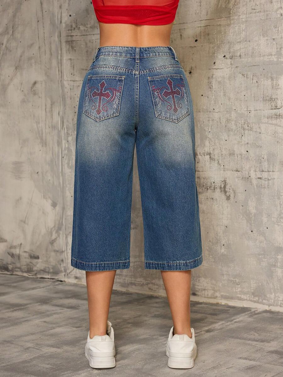 SHEIN SXY Vintage Blue Denim Cropped Wide-Leg Jeans For Women, American Streetwear Style With Cross Crystal Embellishment, Summer New Arrival