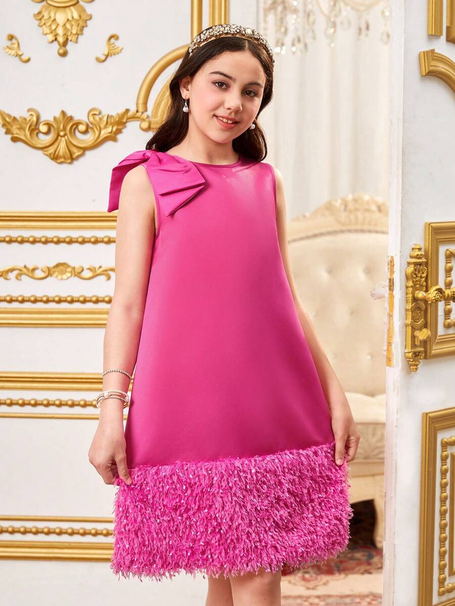 Vestido de fiesta elegante para niña preadolescente con lazo en el cuello y flecos en el bajo