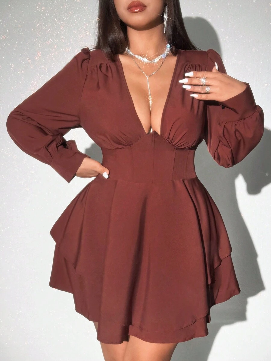 Viva Relle Plus Size Elegante Sexy Effen Diepe V-hals Pofmouw Mini Jurk