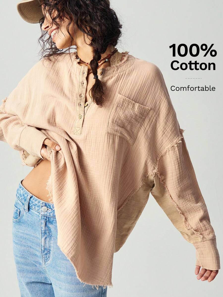 Bohemela Camisa maxi de manga larga con botones, de corte holgado y unicolor, para mujer
