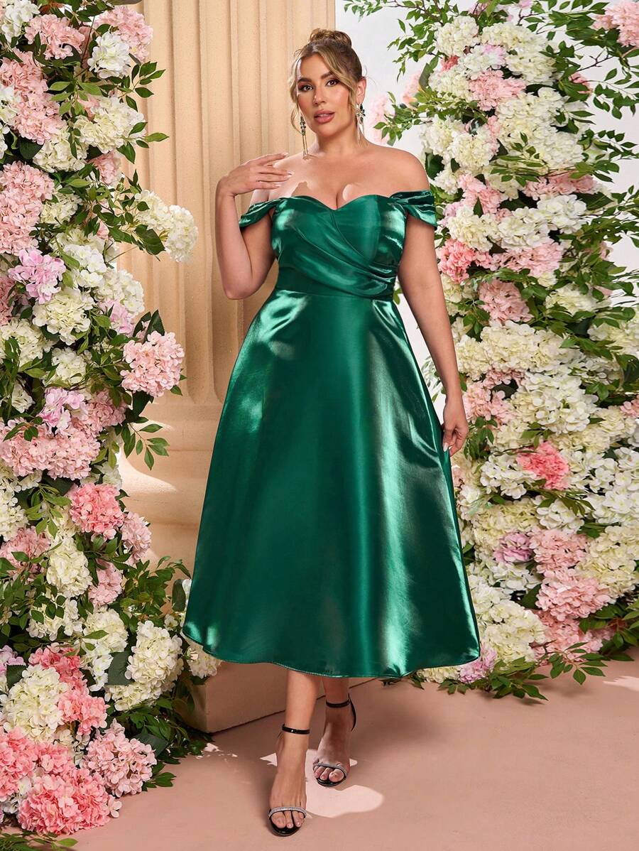 SHEIN Belle Plus Size Elegant & Luxurious Sequin Off Shoulder Mid-Calf A-Line Puffy Party Dress, Wedding Guest Dress, Prom Dress