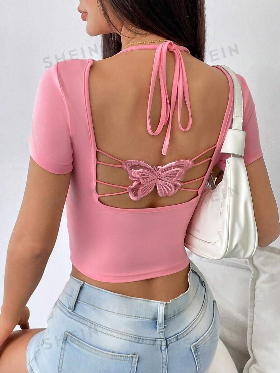 Chiquease Camiseta de mujer con cuello redondo, silueta ceñida, espalda calada con lazo y estampado de mariposas y flores, para primavera/verano