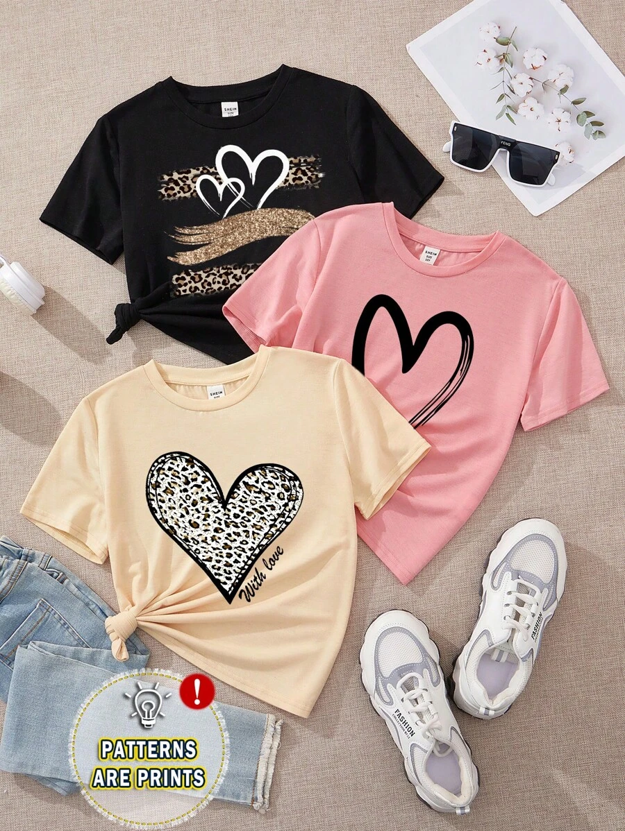 SHEIN Plusieurs t-shirts à motif de cœur de dessin animé simples et décontractés pour fille adolescentes, adaptés pour l'été