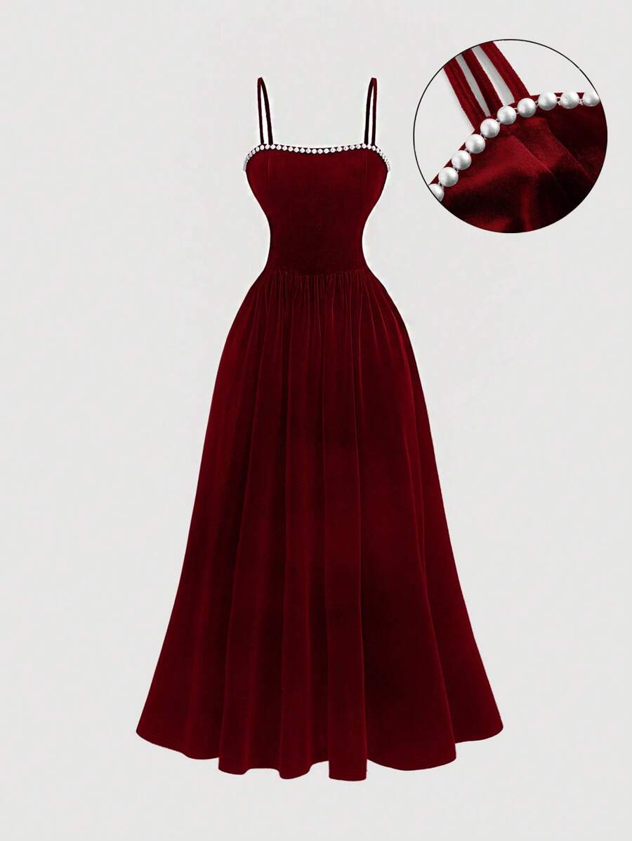 SHEIN MOD Vestido burdeos con tirantes de perlas, vestido formal para baile, vestido formal burdeos, atuendo de mujer para cumpleaños, Año Nuevo, San Valentín, atuendo de mujer para fiesta, vestido de Nochevieja, regalo, Año Nuevo, vestido de fiesta de San Valentín, vestido de fiesta, vestido elegante, vestidos de mujer para fiesta, vestido formal, vestido de Año Nuevo