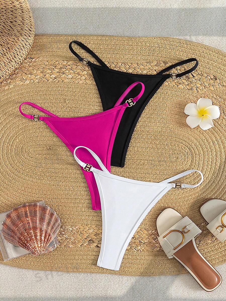 SHEIN Swim Set de 3 partes inferiores de bikini de unicolor con hebilla de metal para mujer, para vacaciones de verano en la playa
