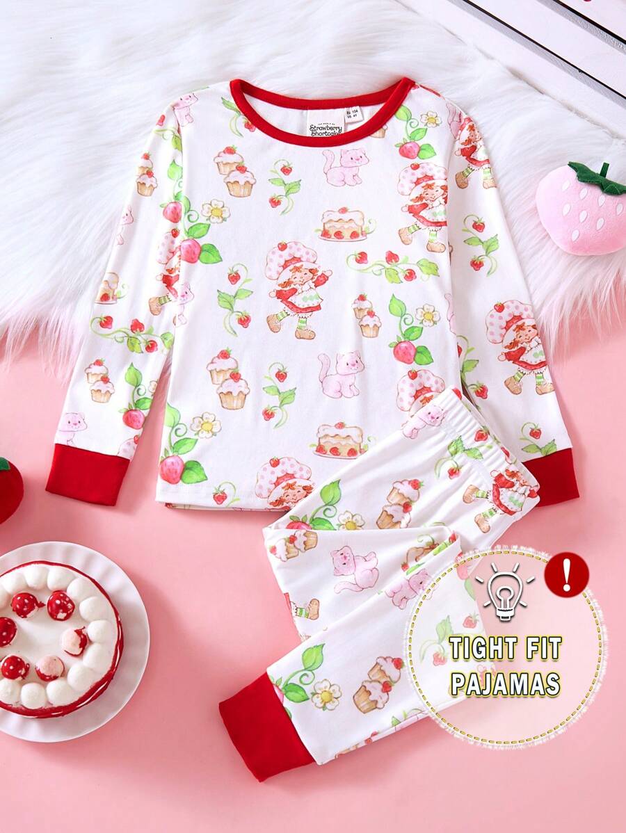 Strawberry Shortcake X SHEIN Conjunto de pijamas para meninas, 2 peças, estampa de desenho animado, camiseta casual e leggings, ajuste confortável, para o Natal