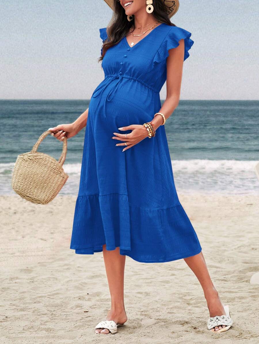 SHEIN Maternity Solid Color Front Tie Simple Casual Short Dress