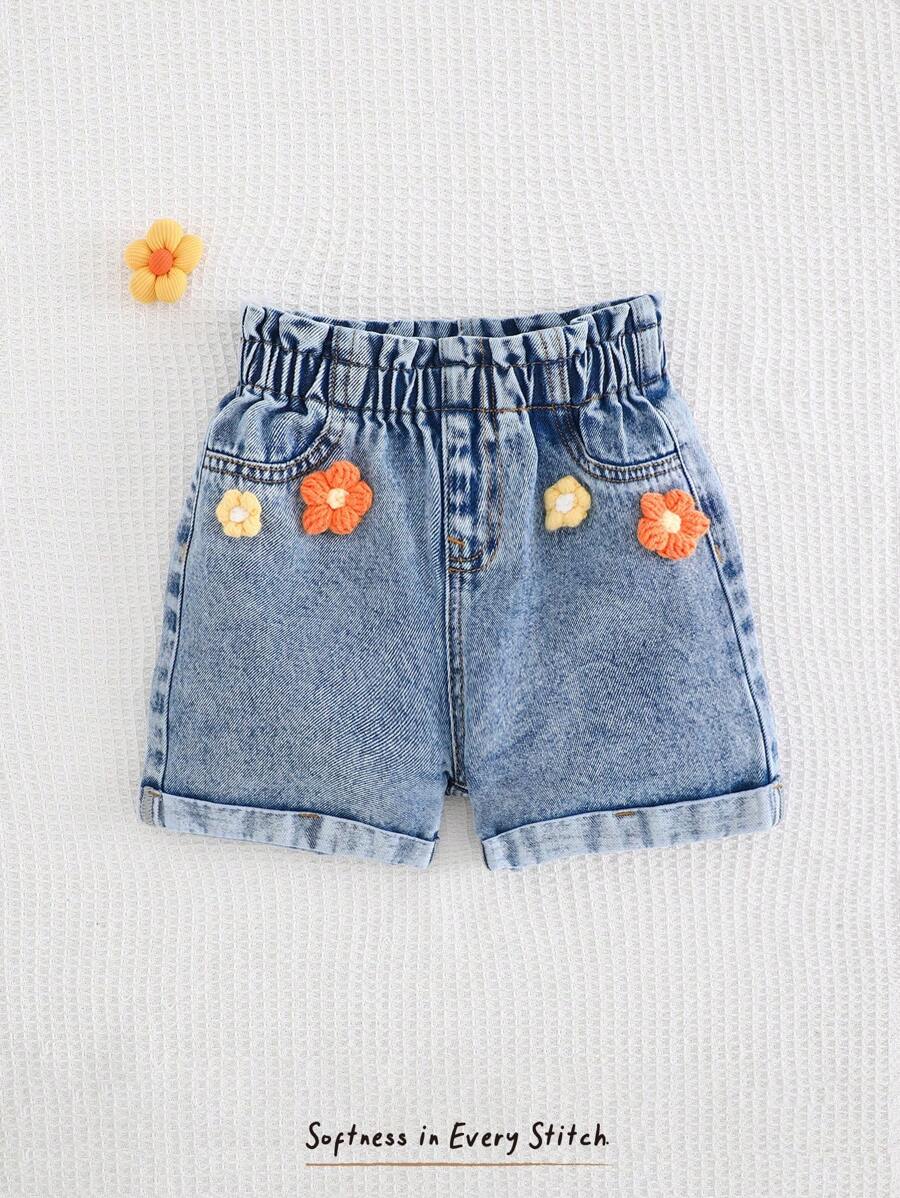 Cozy Pixies Young Girls' 3D Flower Decor Elastic Waist Casual Denim Shorts, Versatile & Comfortable