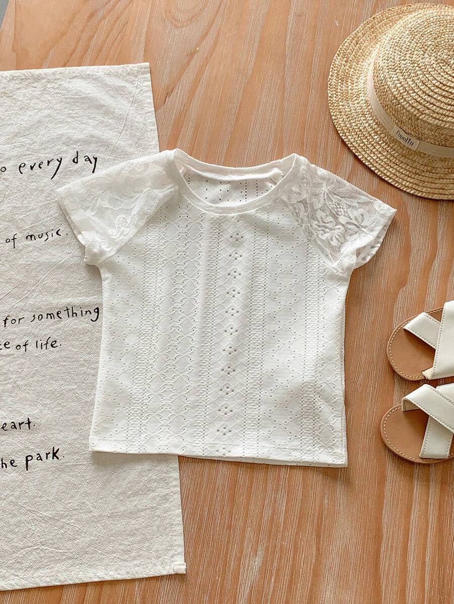 Girls' Solid Color Knit T-Shirt With Lace Net Mesh Insert And Raglan Sleeve