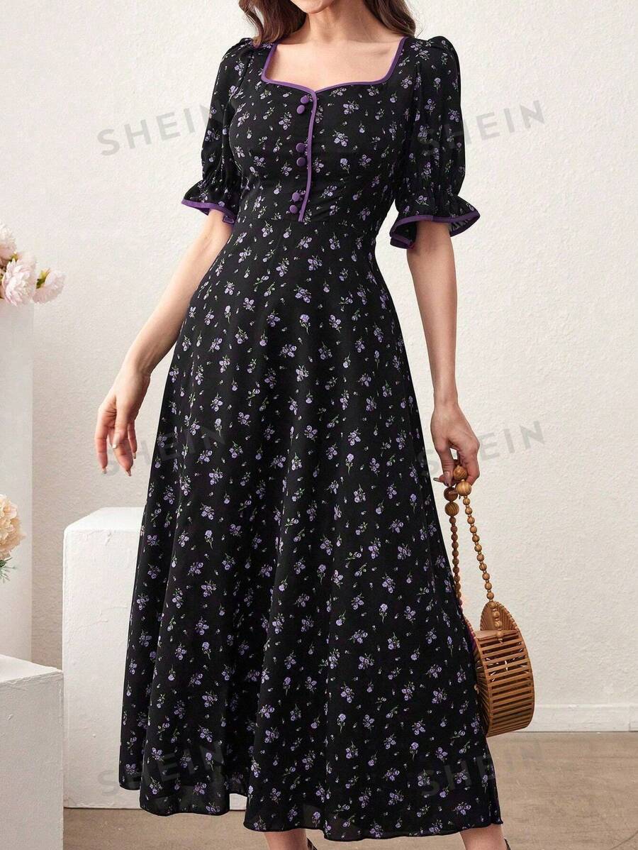 Mulvari Vestido casual corto con cuello de corazón, con botones delanteros y ribete de color contrastante para mujer
