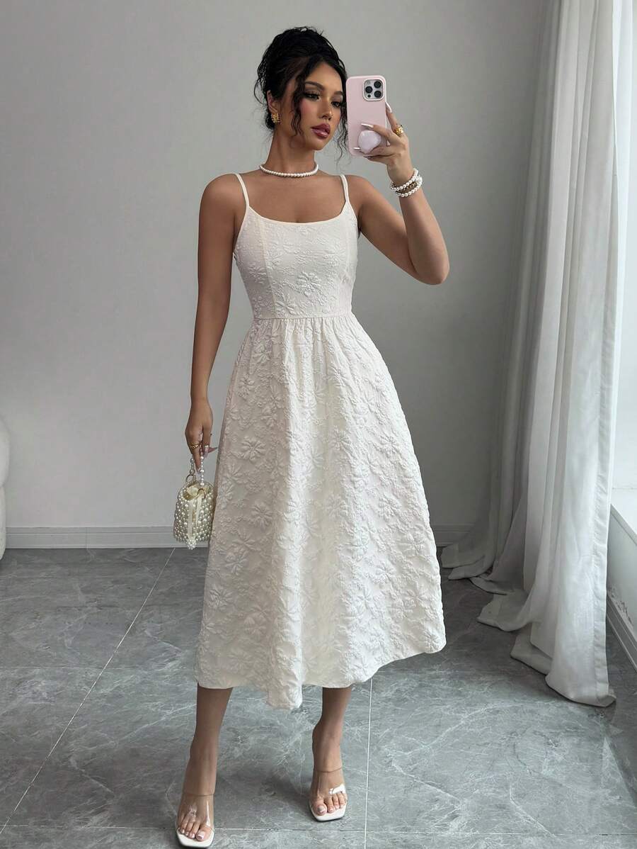 Elenzga Boho Style Apricot Color Textured Floral Print Spaghetti Strap Wide A-Line Dress, Spring/Summer Resort