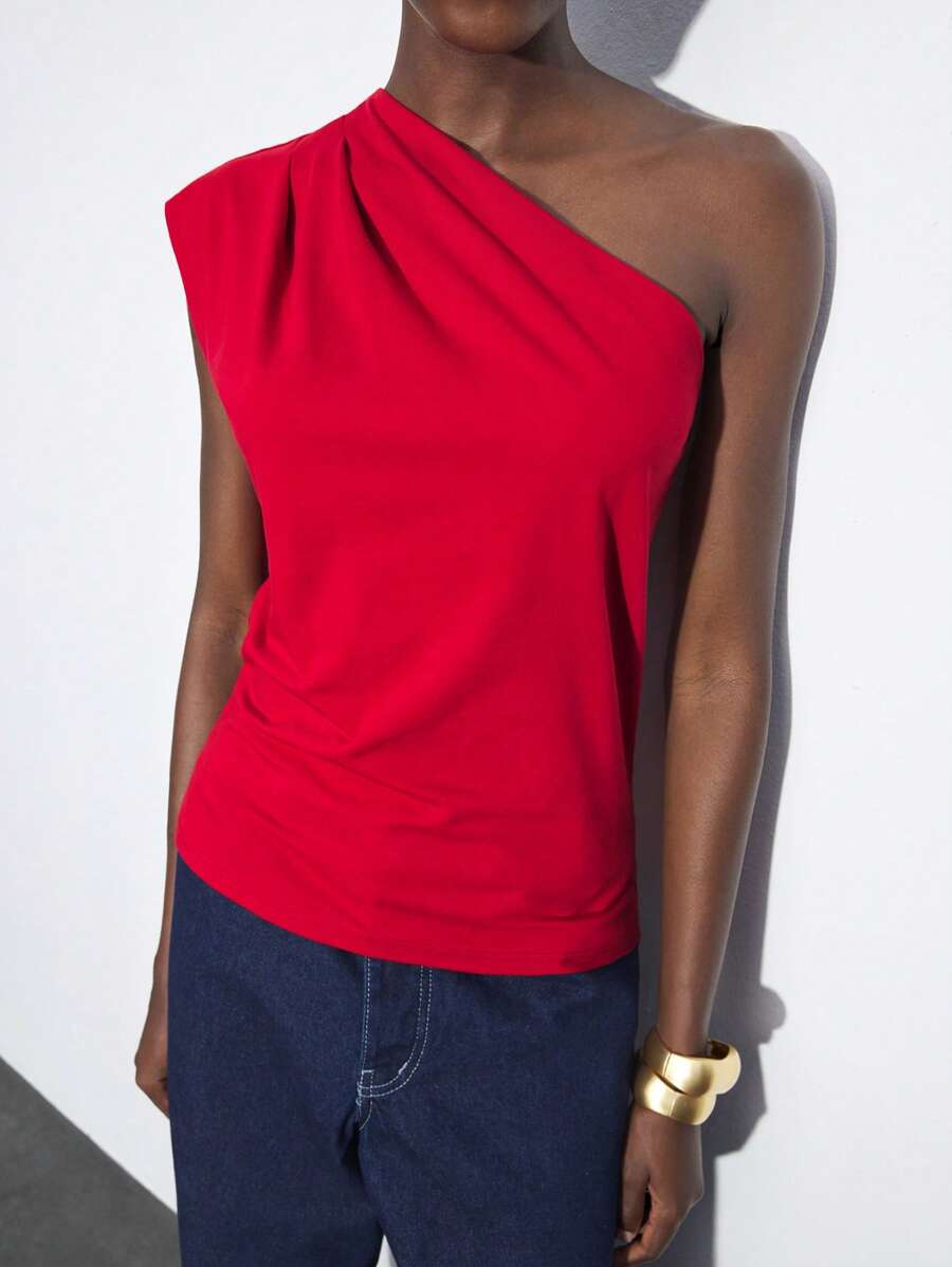 Maija 2025 Summer New Fashion Red Asymmetrical Cut Shoulder Ruched Design Women's Top, Casual Business Daily Commute Elegant Beach Holiday Wear, Suitable For Wedding Guest, Country Music Festival, Brunch, Airport