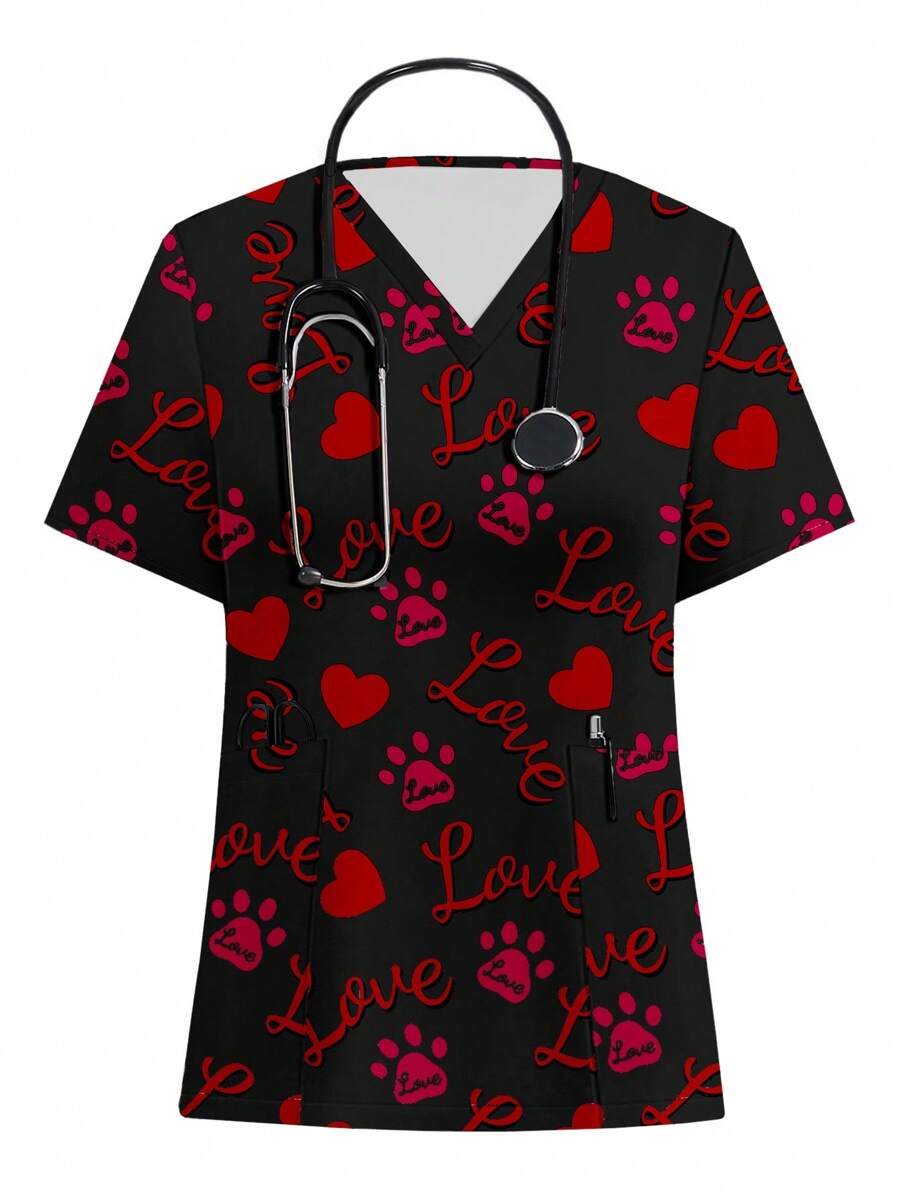 PopScrub V-Neck Short Sleeve All-Over Print Casual Healthcare Scrub Uniform Top