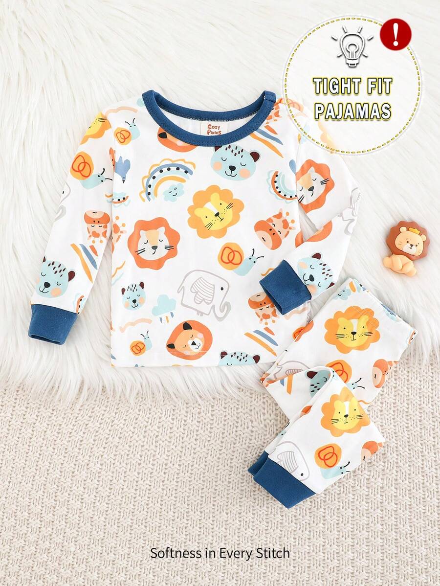 Cozy Pixies 2pcs Baby Boy Snug Fit Pajama Set, Cartoon Animal Pattern Knitted Soft Crew Neck Long Sleeve Top & Long Pants