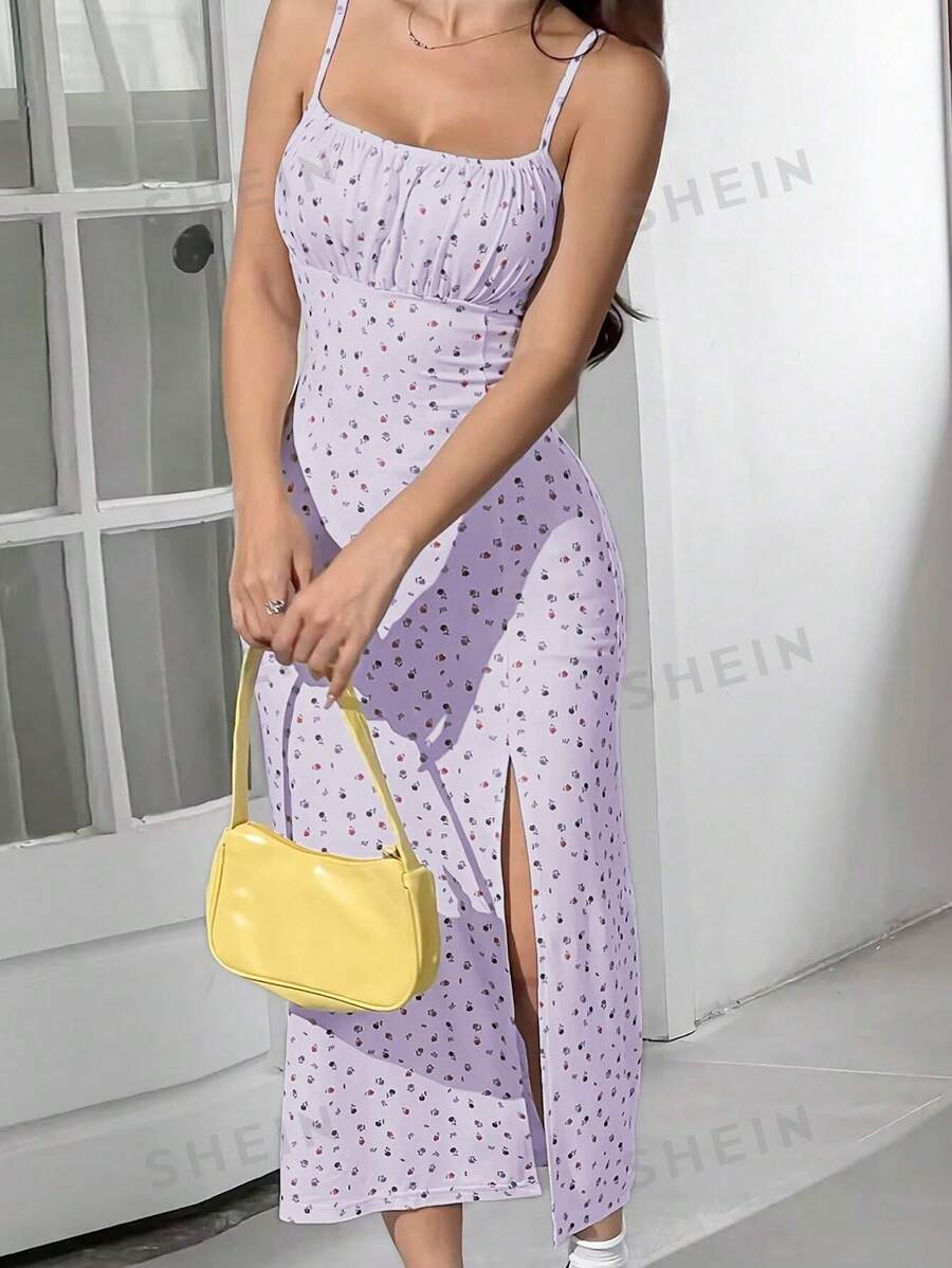 SHEIN EZwear Vestido ajustado con abertura lateral, de tirantes de espagueti con estampado floral diminuto morado, ligero, para primavera y verano