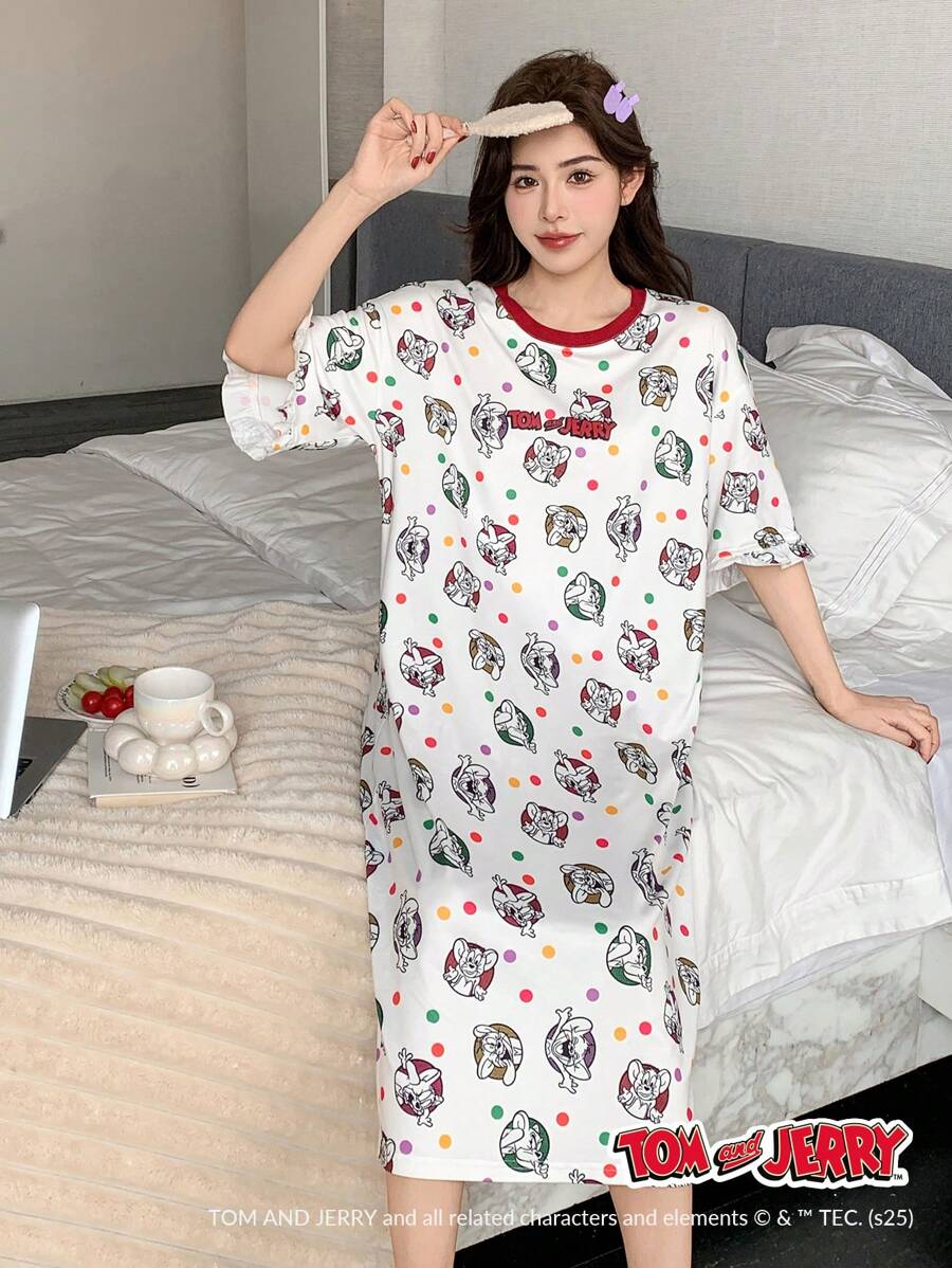 DAZY TOM AND JERRY X DAZY Cartoon Pattern Polka Dot Letter Logo Allover Print Contrast Color Design Ruffle Loose T-Shirt Style Nightgown