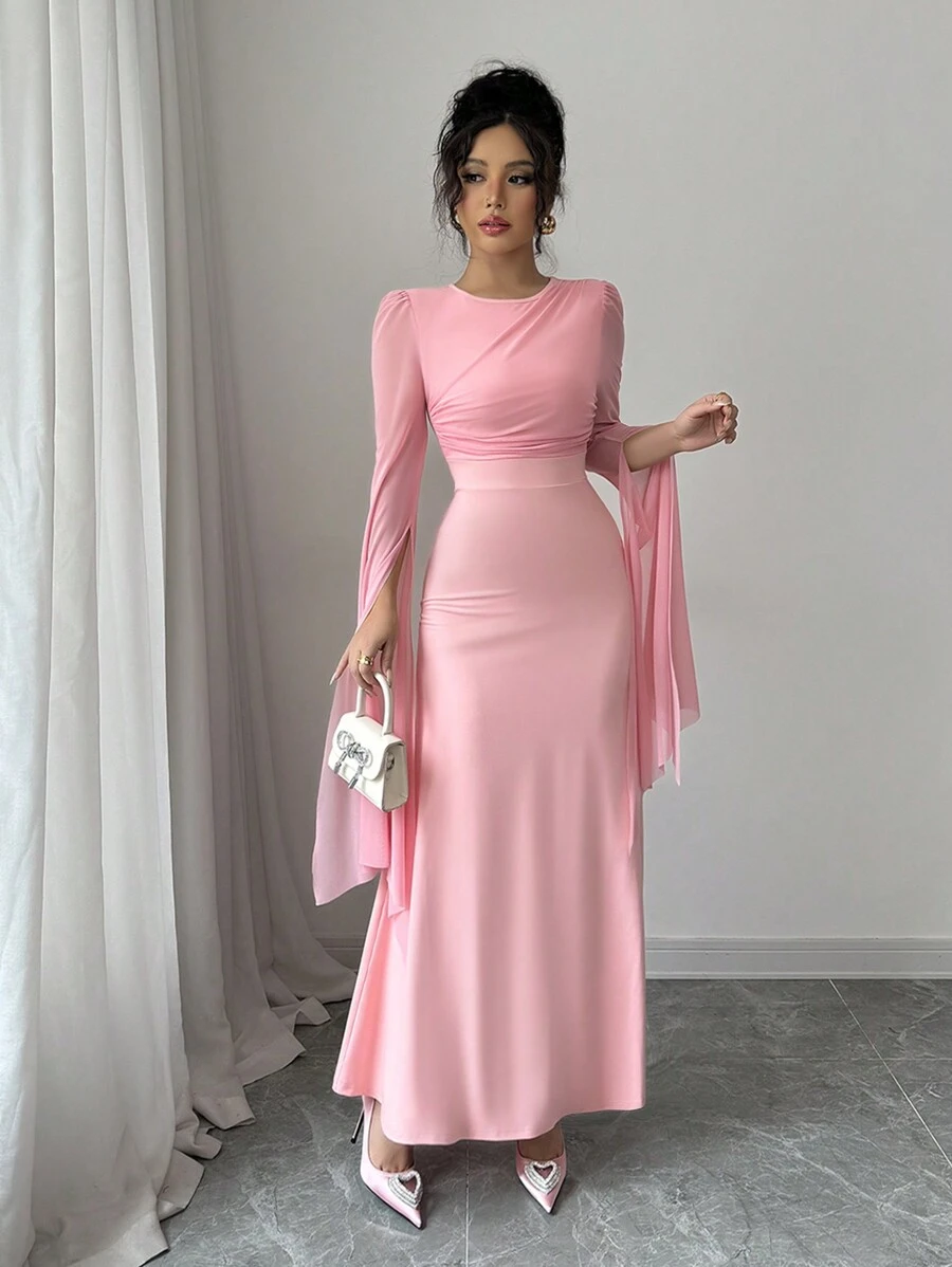 Elenzga Abito elegante da donna con collo rotondo, tinta unita, con spacco e maniche lunghe