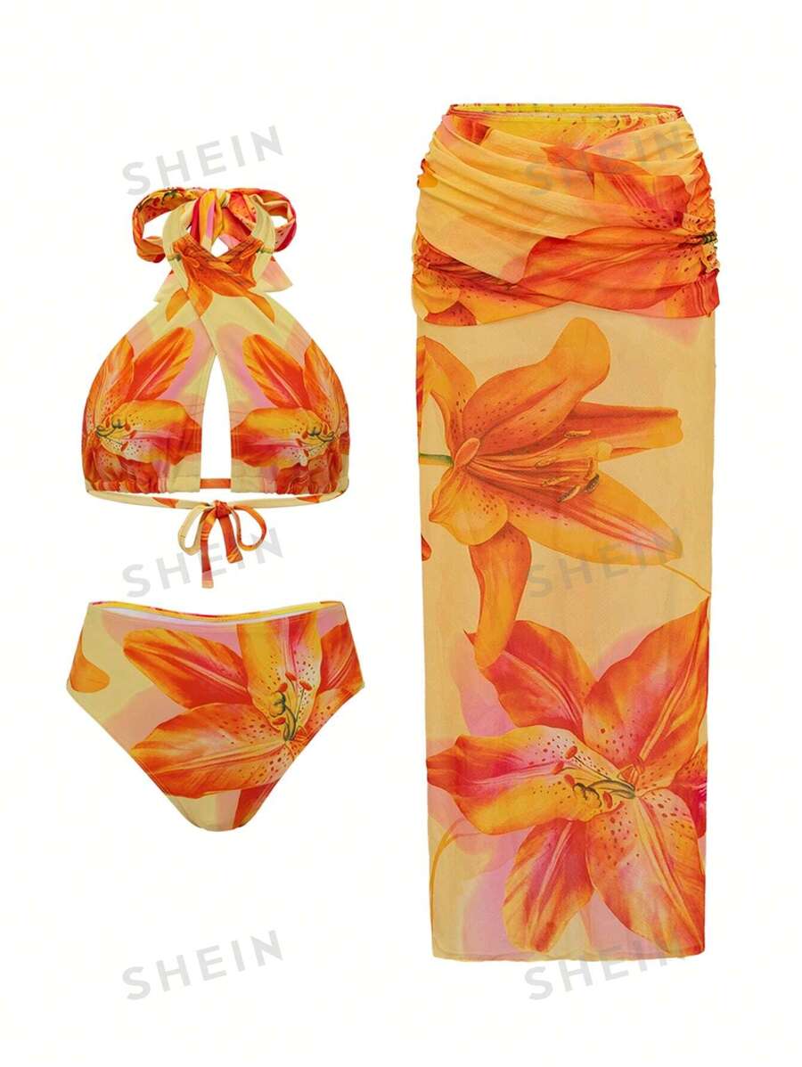 Swim Oasis Conjunto de 3 piezas de traje de baño para mujeres: Top de cuello halter cruzado con estampado, Bottom de natación de cintura alta, vestido largo de playa con estampado floral
