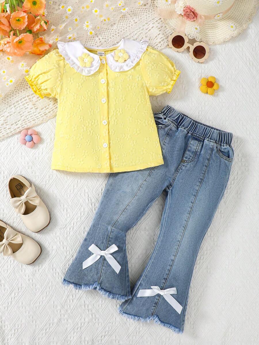 SHEIN Ramadan 2 stuks/set jonge meisjes polo kraag gebreide top met jacquard patroon & blauwe gewassen denim broek