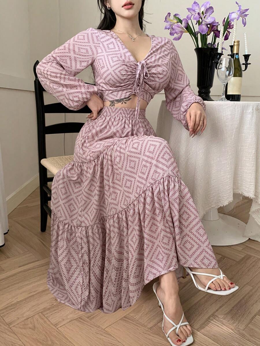 DAZY 2pcs Set Bohemian Style V-Neck Drawstring Blouse And Elastic Waist Mid-Length Skirt