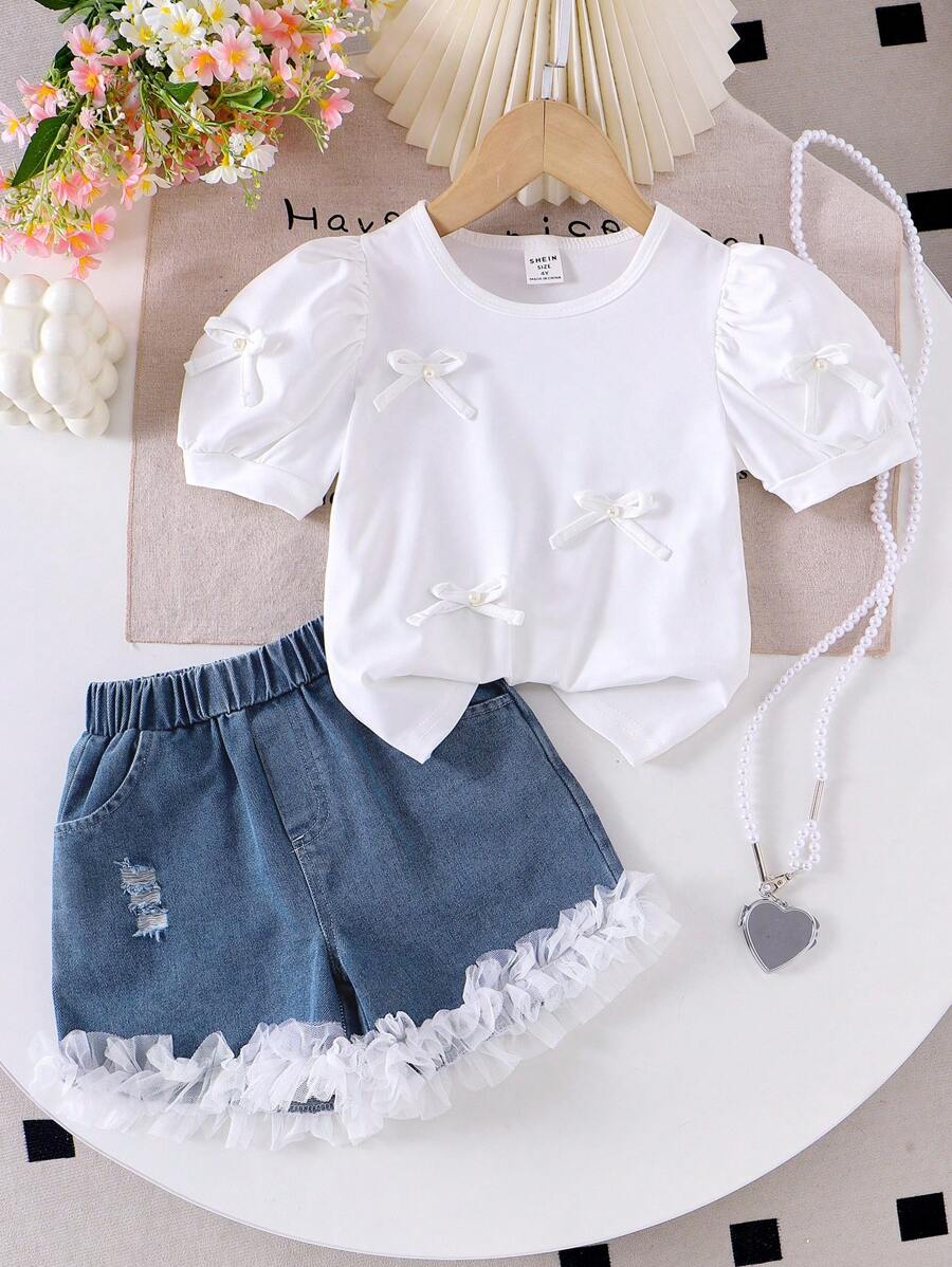 SHEIN Young Girl Knitted Short Sleeve Puff Sleeve Top With Pearl Bow Design, Fashion T-Shirt, Denim Shorts, White Mesh Floral Trim, Stylish Summer Outfit