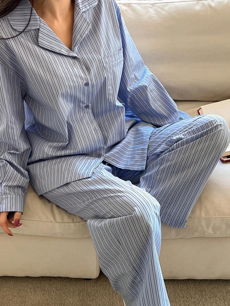 DAZY Conjunto de pijama de pantalón y top de manga larga holgado con rayas minimalista