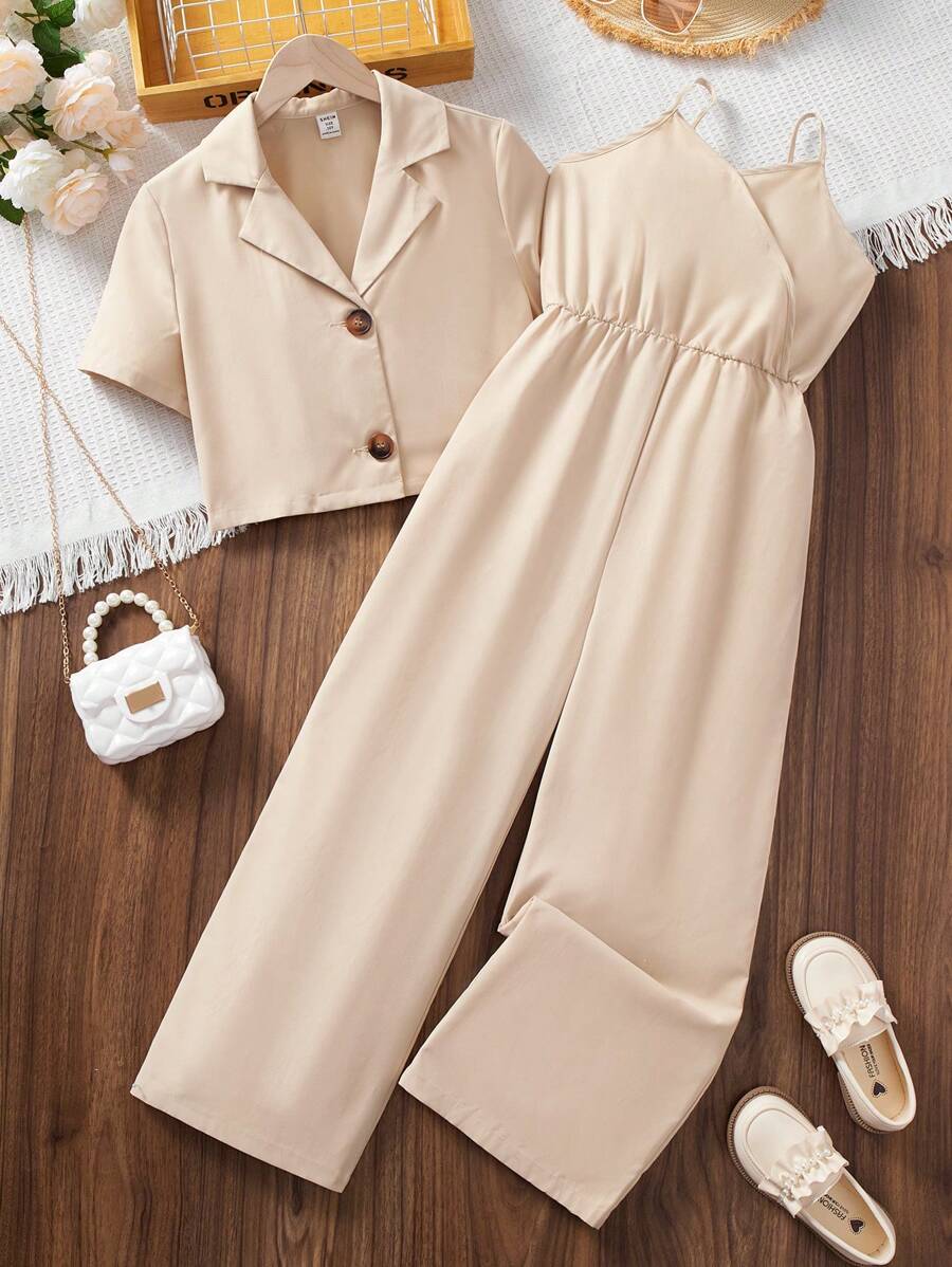 SHEIN Conjunto de niña preadolescente con top de manga corta de unicolor y elegante y mono de tirantes tipo spaghetti