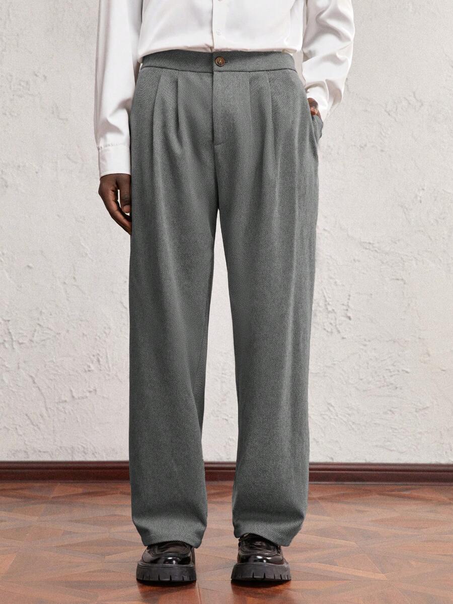 AKNOTIC Business Casual Pantalones casuales rectos de pierna larga de cintura suelta con jacquard de chevron de punto marrón, aptos para uso diario y traslados, con decoración de letras metálicas