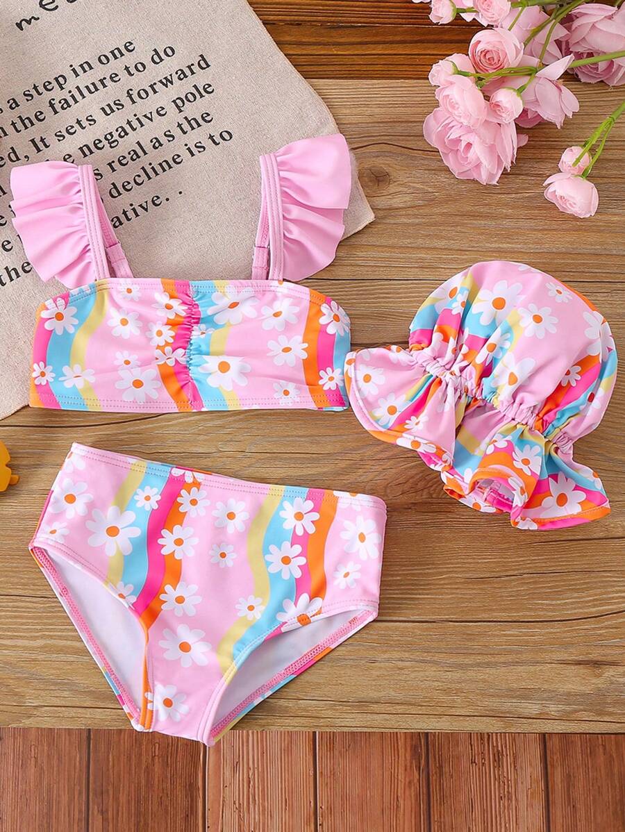 Nuevo conjunto de traje de baño para niña de primavera/verano, con un diseño lindo y dulce. Incluye un sombrero de ala ancha, un diseño de estampado floral de dibujos animados vibrantes para un look adorable y llamativo. Adecuado para diversas actividades de verano, ¡una opción ideal para salidas entre padres e hijos!