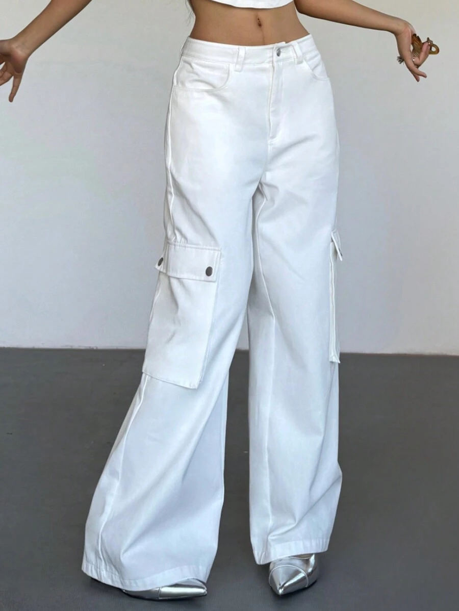 SHEIN EZwear Women's Solid Color Front Button Pocket Casual Cargo Pants
