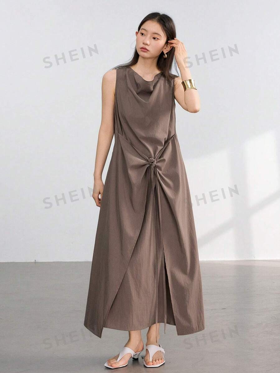 Dazy-Less Vestido de mujer de media pantorrilla con cuello con cordón, botones y diseño de lino de unicolor, estilo antiguo casual, para el verano