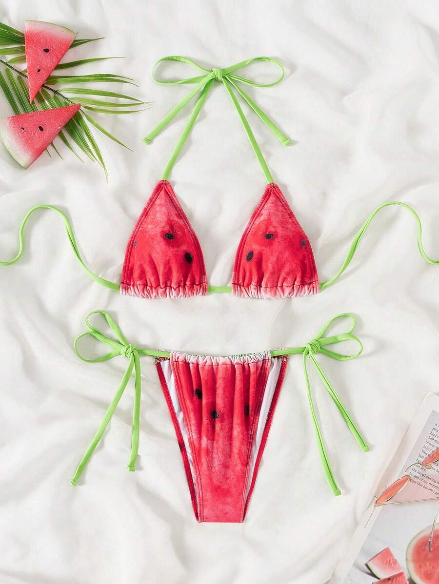 SHEIN Swim Springbreak Women Random Print Micro Triangle Halter Cute Bikini Set For Summer Beach Vacation