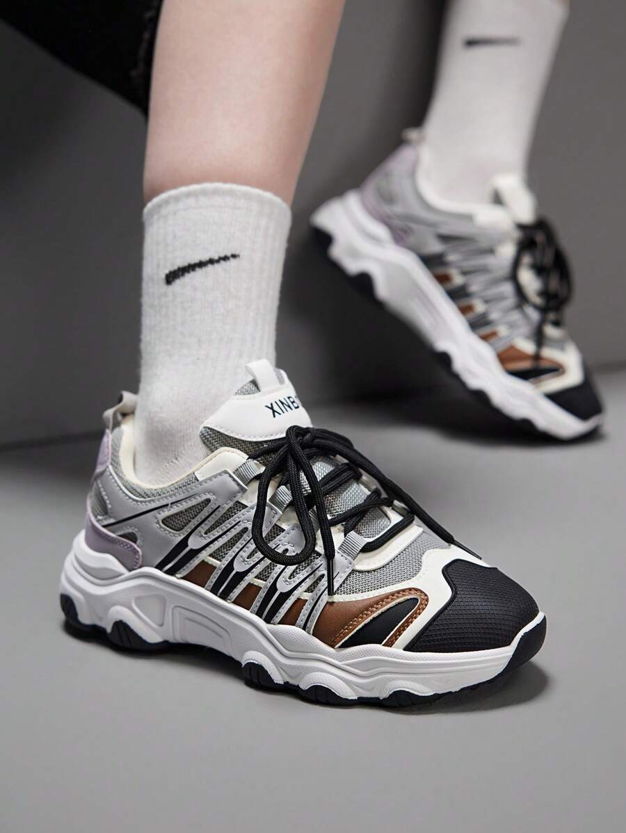 Vate Women's Contrast Color Thick Sole Chunky Sneakers, Casual Sports Shoes Fall Trainers