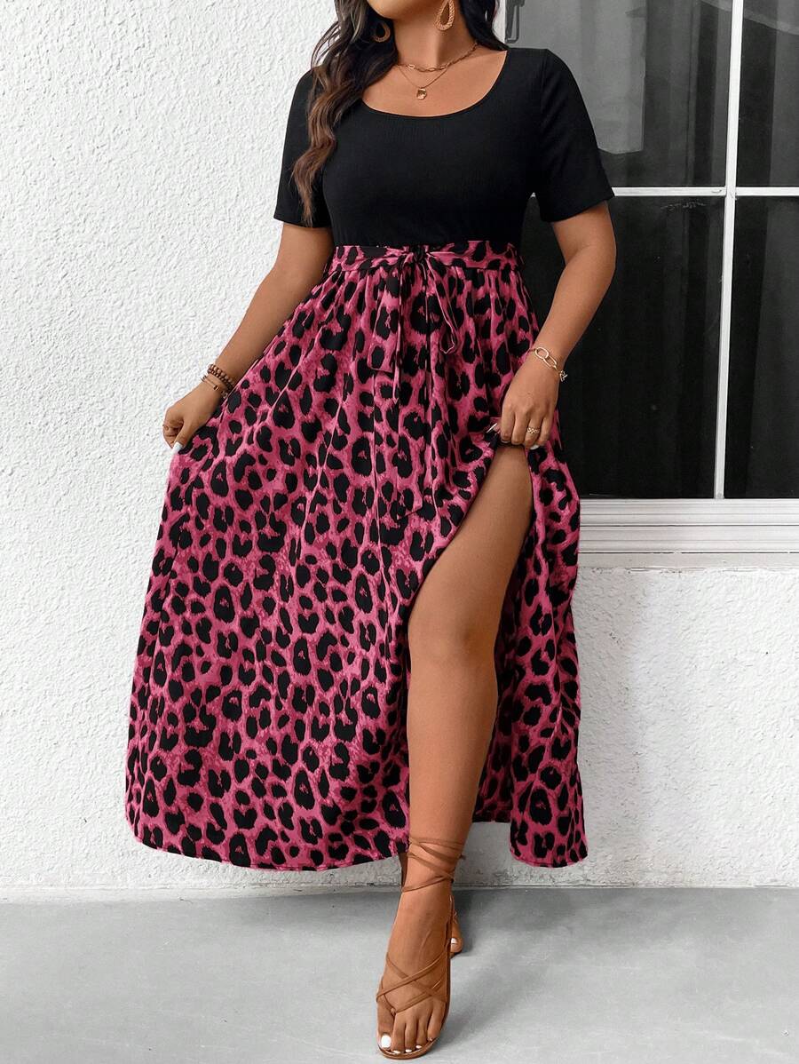 SHEIN Frenchy Plus Size Boho Solid Color Leopard Patchwork Simple Daily Short Sleeve Dress For Women Fall Clothes, For Summer