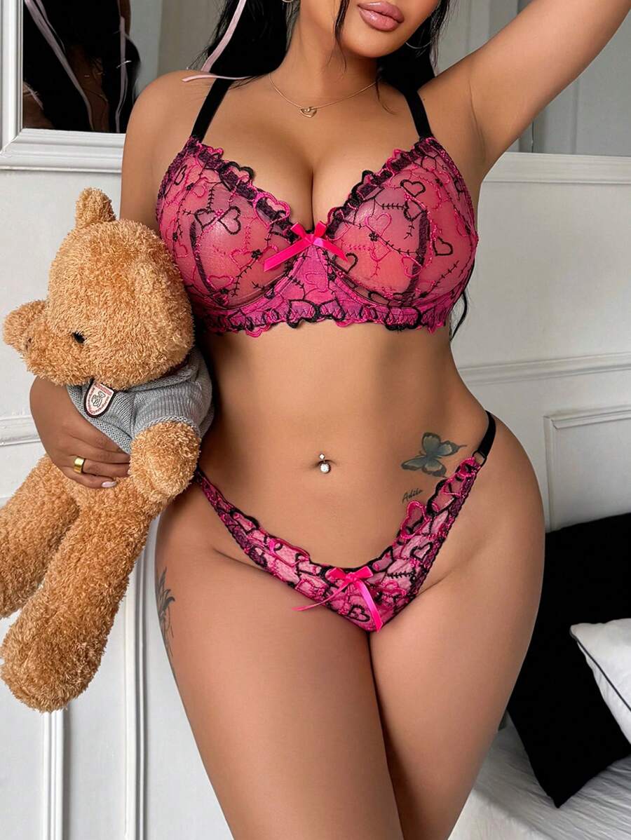 Set de 2 piezas de lencería romántica con bordados en estilo campo para talla grande, para el Día de San Valentín